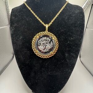 Libra 1970’s Crown Trifari Intaglio Zodiac Glass Pendant on Gold Tone Chain